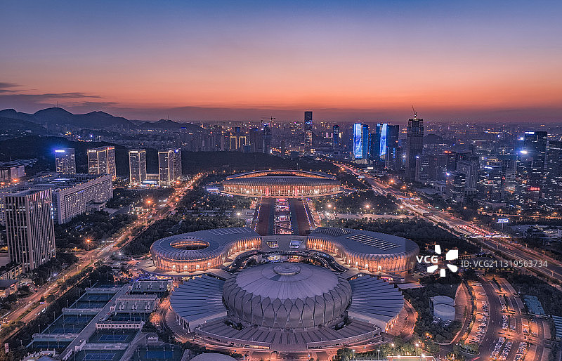 济南奥体中心 日落黄昏夕阳夜景航拍图片素材