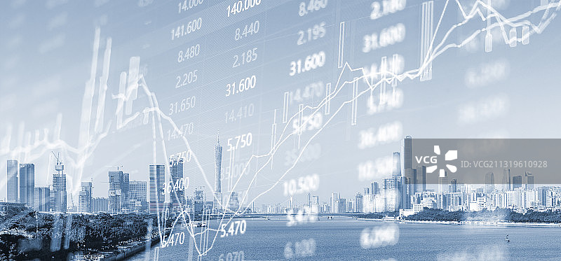 广州城市建筑景观和金融股市证券走势概念图片素材