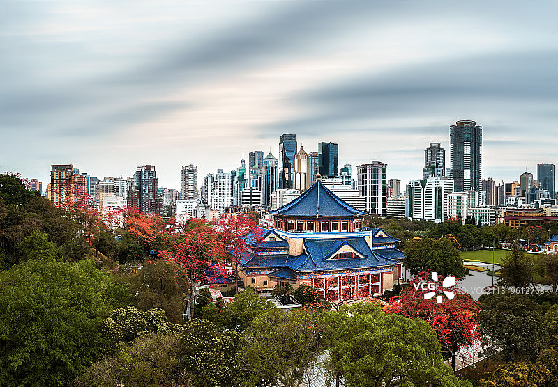 广州中山纪念堂木棉红日出风光图片素材