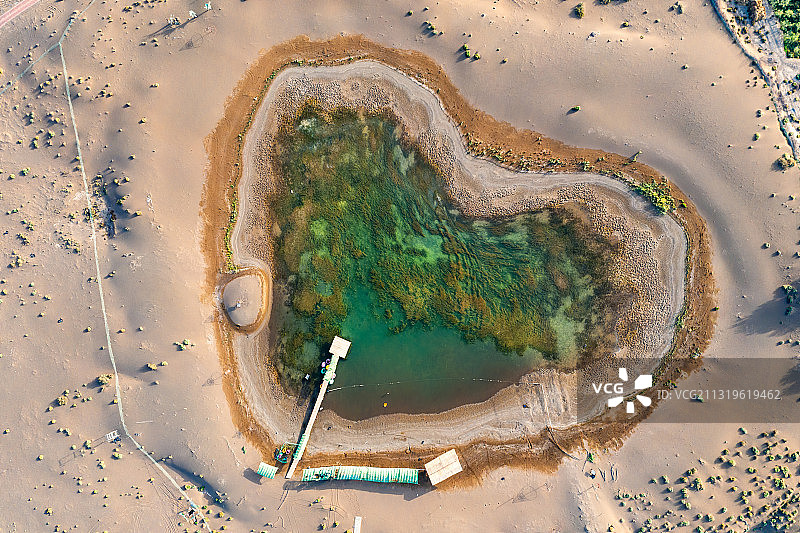 在沙漠里面的一个爱心现状的绿洲湖泊图片素材