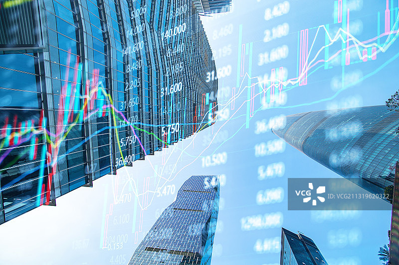 低角度仰视现代商业建筑和金融股市证券走势概念图片素材