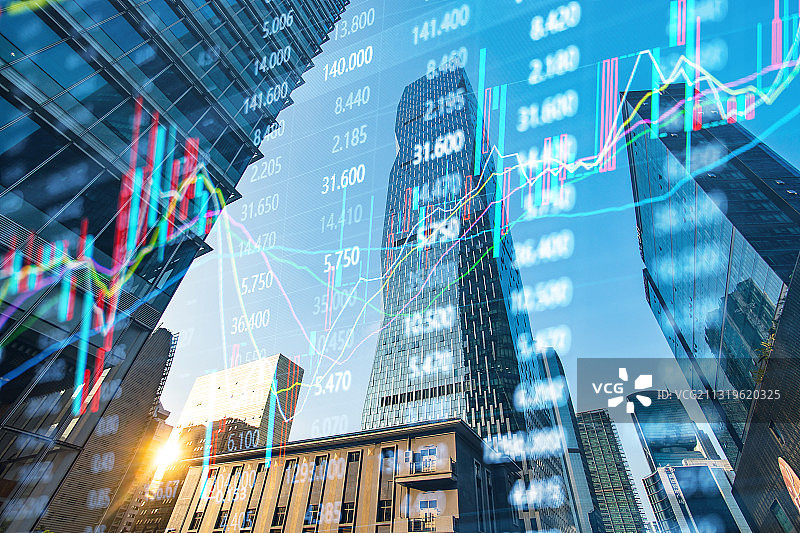 低角度仰视现代商业建筑和金融股市证券走势概念图片素材