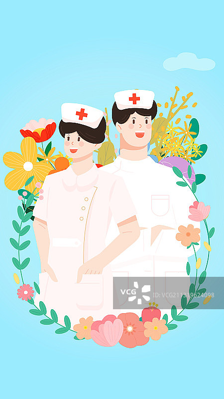 男护士和女护士站在花环中矢量插画海报图片素材