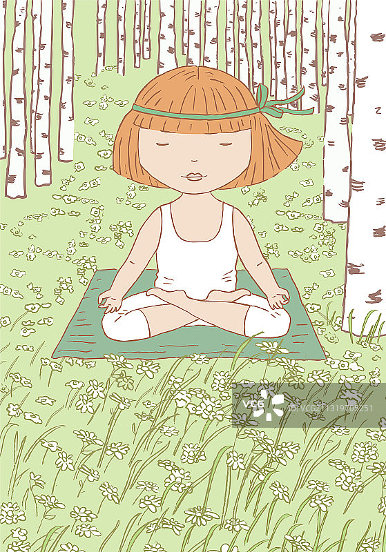 小女孩在桦树林草地上做瑜伽图片素材