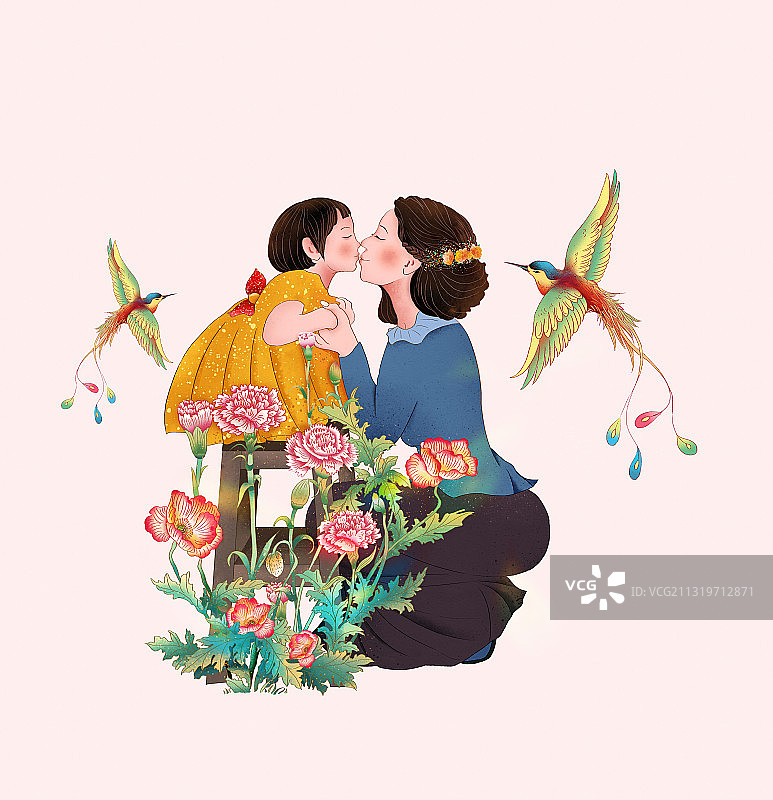 2021中国传统节日母亲节 花丛中亲吻的母女图片素材