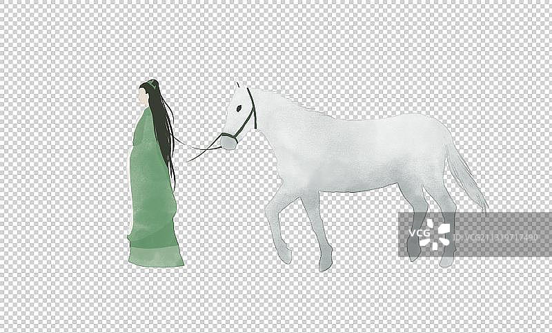 中式人物插画牵马图片素材