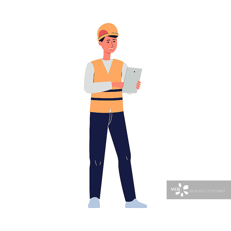 穿制服的仓库工人检查货物（扁平风格）图片素材