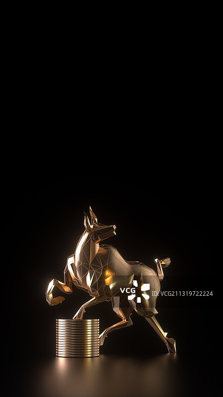 3D渲染踩着金币的金牛在黑底背景前图片素材