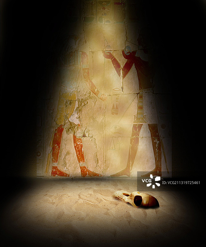 埃及壁画下的头骨图片素材