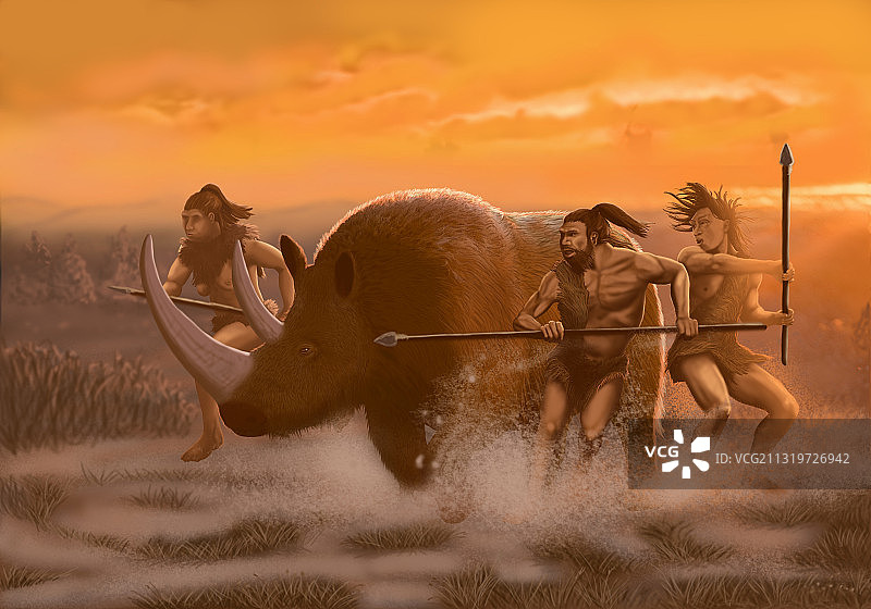 尼安德特人猎杀披毛犀图片素材