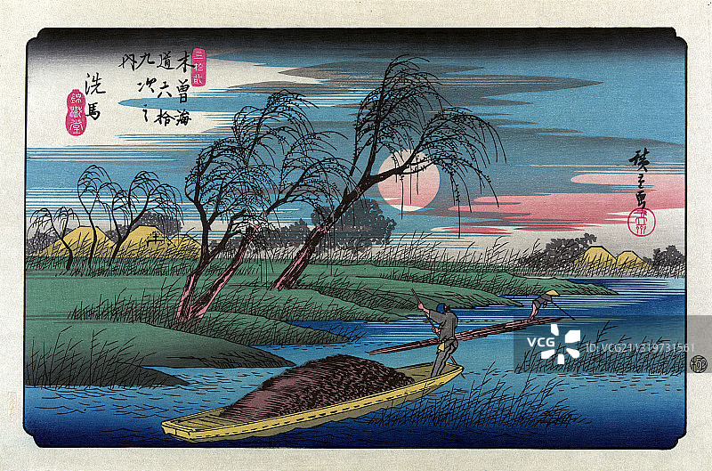 19世纪满月下的大田川上的舢板船图片素材