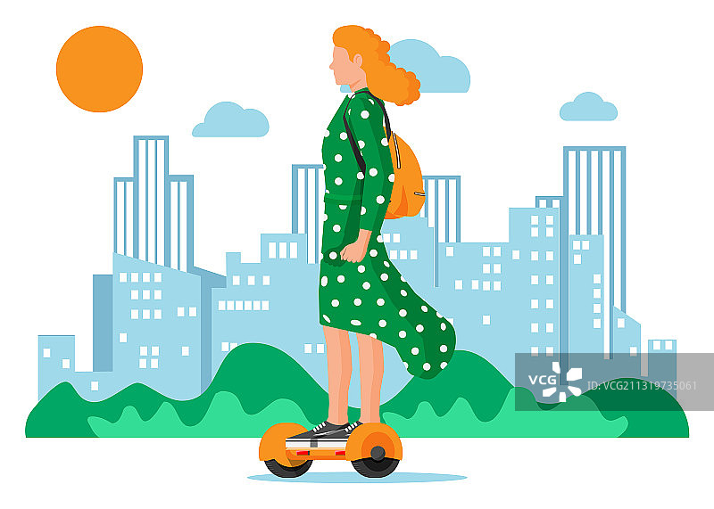 女人骑着悬浮滑板穿梭于城市景观中图片素材