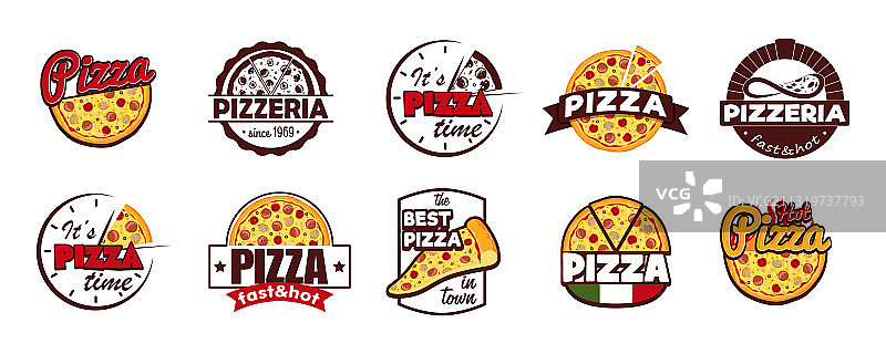 卡通彩色比萨店标签徽章标志集图片素材