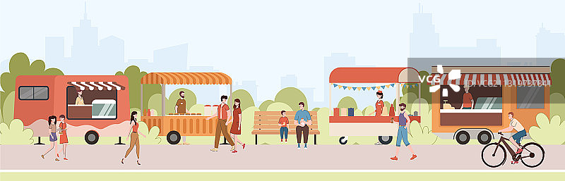 卡通彩色人物与街头美食图片素材