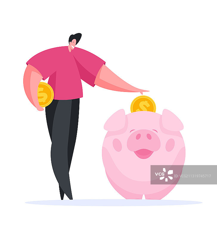 男人用存钱罐存钱（扁平风格）图片素材