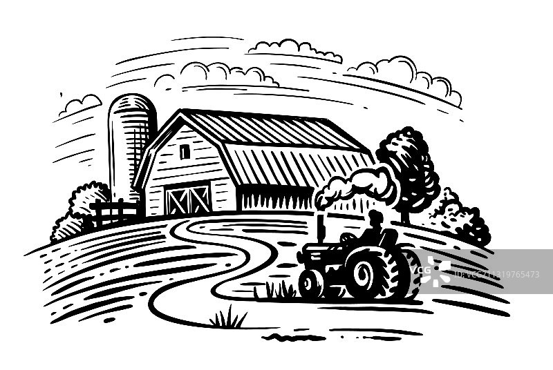 树木与拖拉机收割干草的农场图片素材