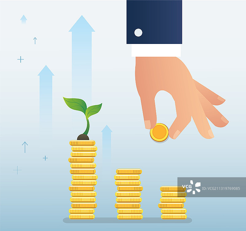 手持硬币，硬币图上植物生长图片素材