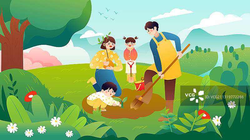 一家四口在春天的山丘上植树矢量插画海报横图图片素材