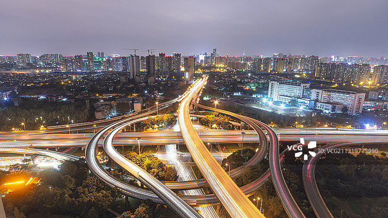 成都市东三环路航天立交夜景超广角视角图片素材