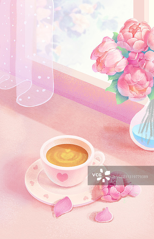 温馨粉色阳台咖啡花图片素材