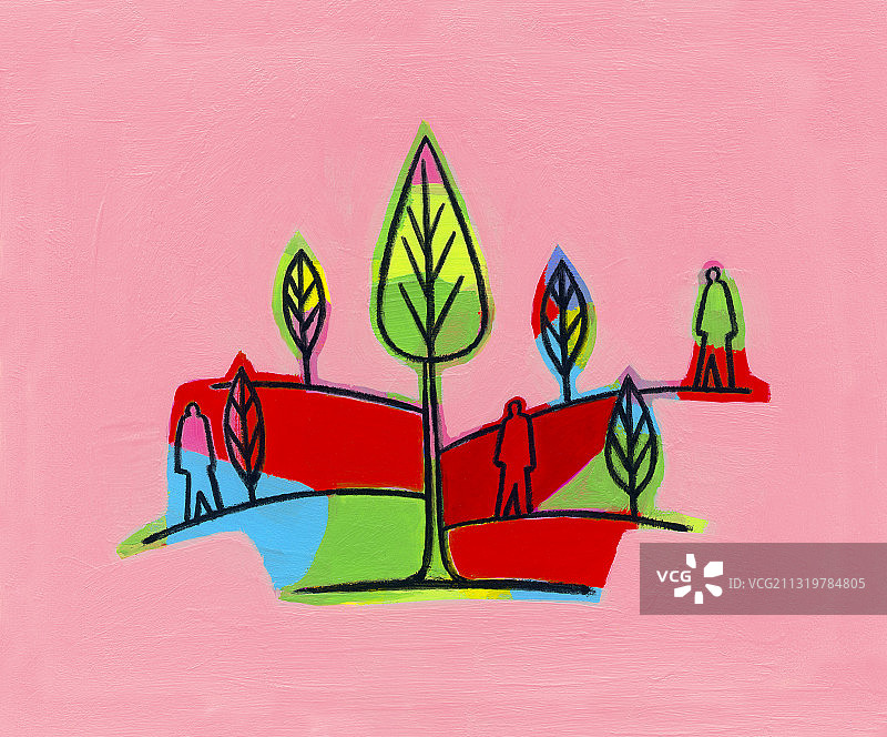 粉色背景上的树木插画图片素材