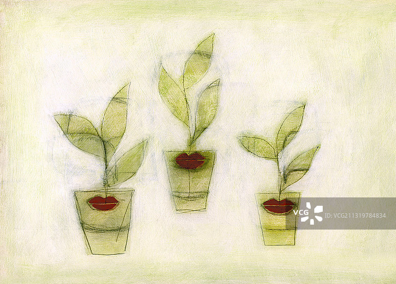 三个带有红色嘴唇的花盆插画图片素材