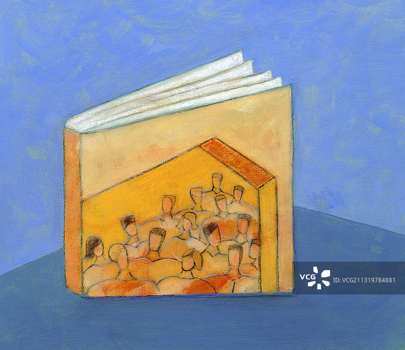 书的封面上房子里的人。插图。图片素材