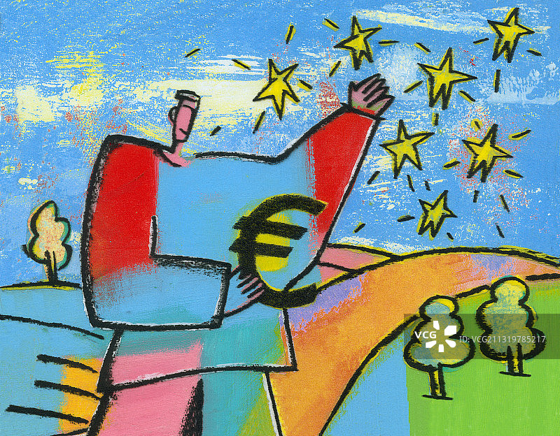 男人在自然环境中手持欧元符号。插图。图片素材