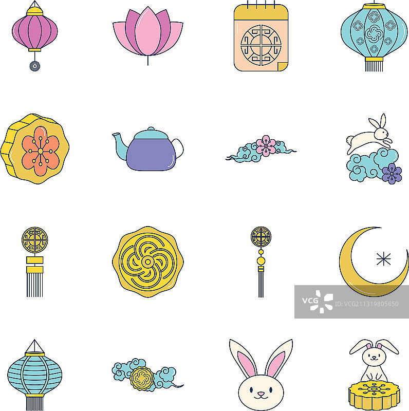 中秋节和莲花图标线性填充图片素材