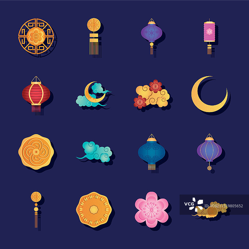 中秋节与中国灯笼图标集图片素材