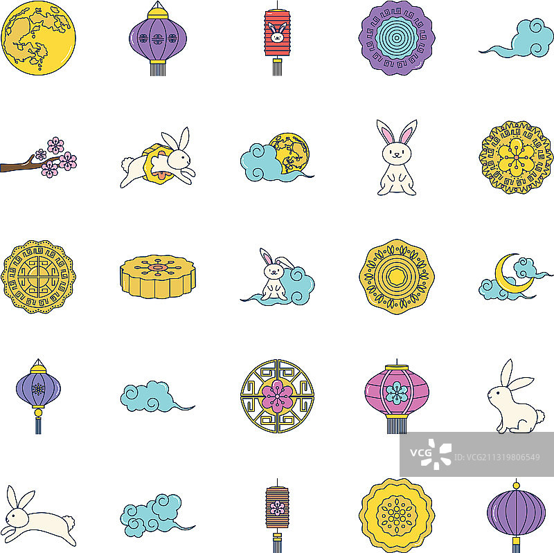 中秋节线性填充风格图标集图片素材