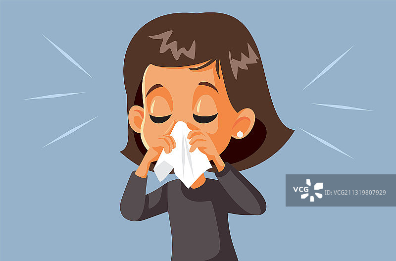 生病的女孩擤鼻涕，患有流感图片素材