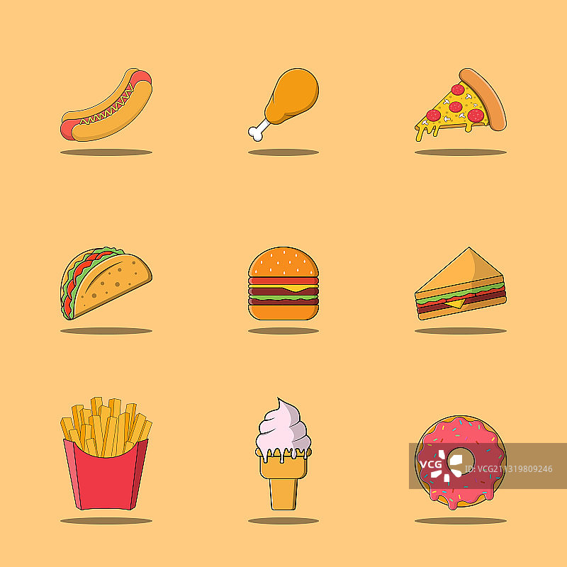 快餐套餐图标扁平卡通风格图片素材
