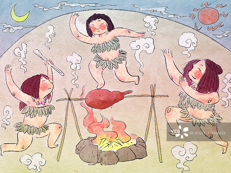 古人类狩猎烤肉插画图片素材