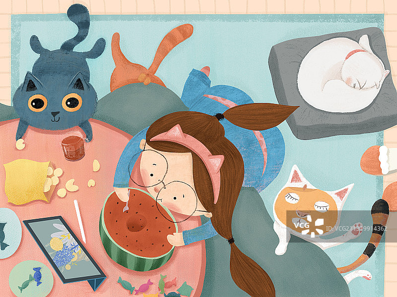 疫情隔离的居家女孩和她的猫图片素材