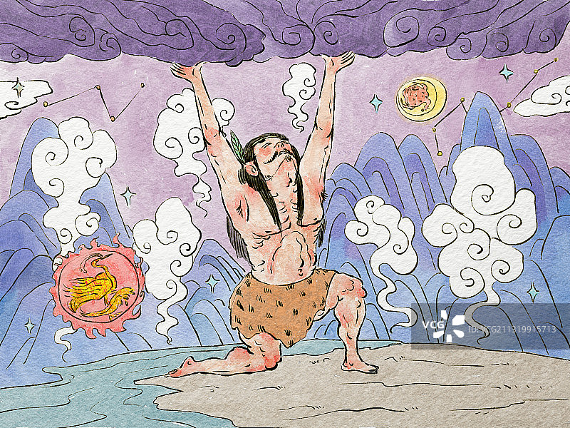 盘古开天辟地水彩插画图片素材