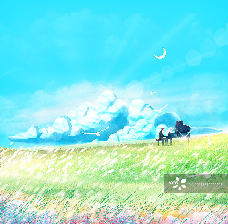 春天音乐家在山坡草地上弹钢琴表演插画图片素材