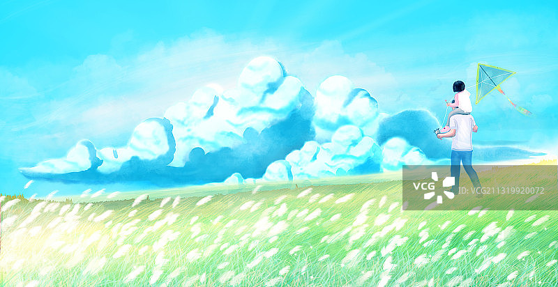 春天父亲和女儿在户外踏青放风筝插画图片素材
