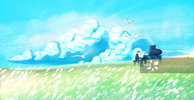 春天音乐家在山坡草地上弹钢琴表演插画图片素材