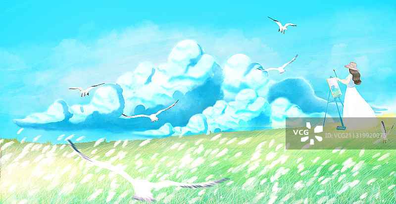 长裙女孩在户外草坪上写生画画插画图片素材