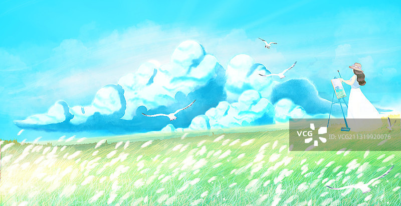 长裙女孩在户外草坪上写生画画插画图片素材