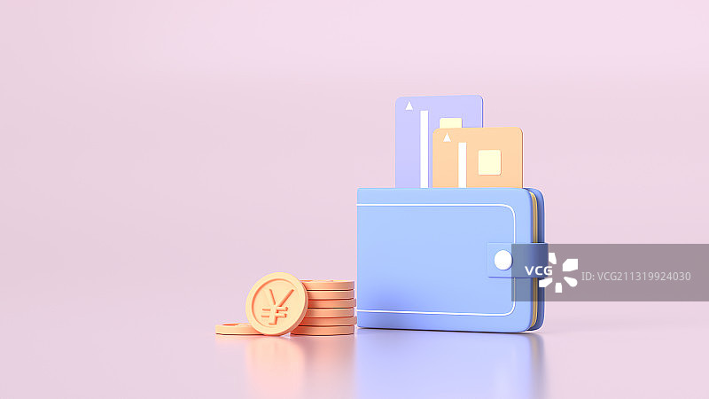 三维渲染的卡通钱包银行卡硬币和手机支付图片素材