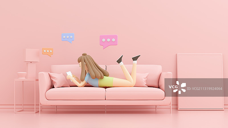 三维渲染的三维卡通女性在沙发上玩手机图片素材