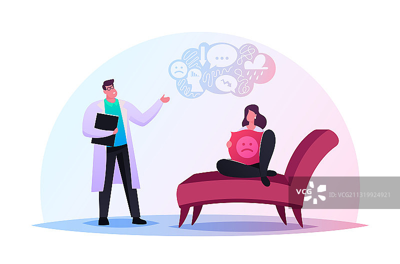 情绪低落的女人坐在心理医生旁的沙发上图片素材