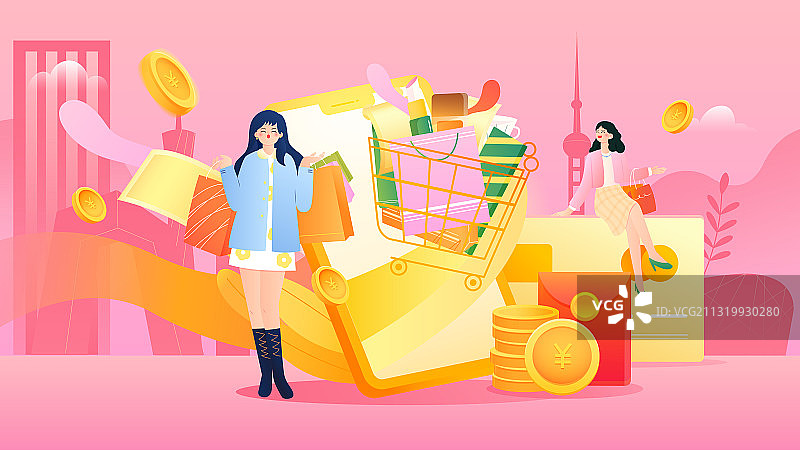女孩拿着购物袋站在手机前促销电商商业矢量插画竖图图片素材
