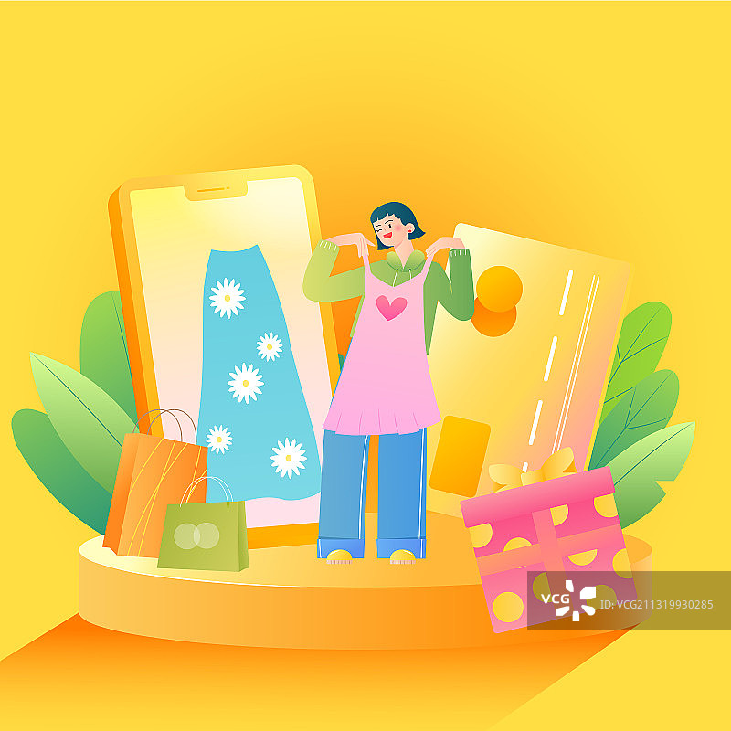 女孩开心的在手机前试衣服电商促销矢量插画图片素材