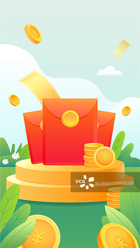 红包和金币放在展台上草丛中电商消费促销矢量插画元素图片素材