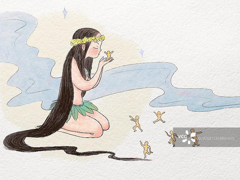 女娲造人儿童绘本插画图片素材