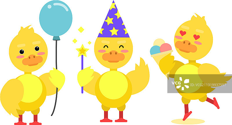 拿着气球吃东西的可爱小黄鸭图片素材