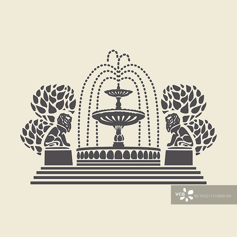 带狮子雕塑的公园喷泉图标图片素材